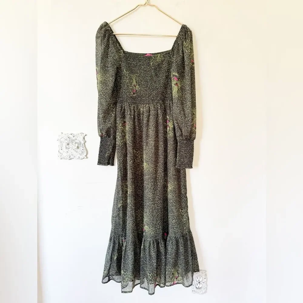 Betsy Johnson Green and Black Leopard animal Print Smocked Tiered Midi Dress S - Picture 4 of 12